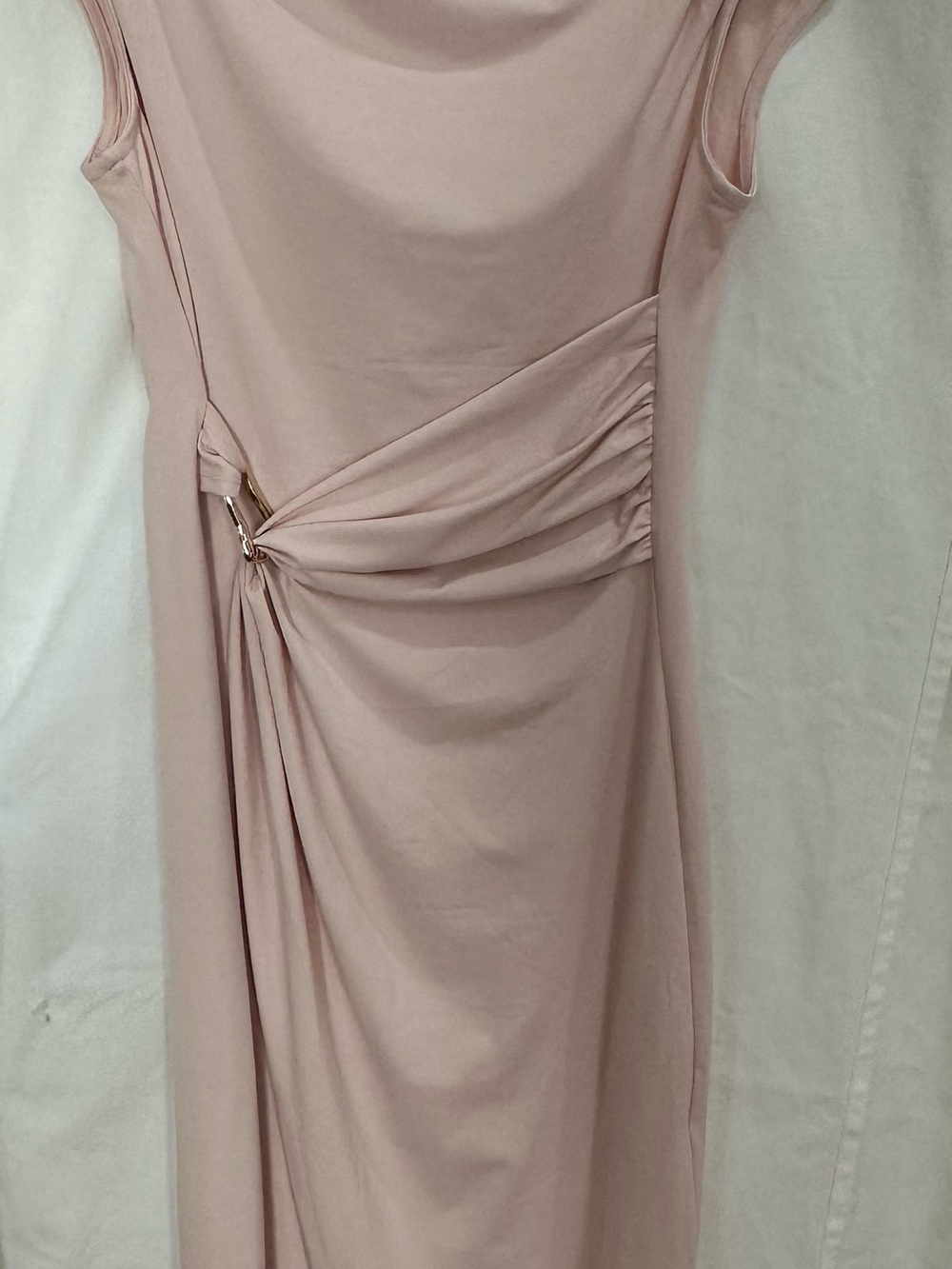 Blush Pink Sleeveless Ruched Midi Dress with Buckle Detail